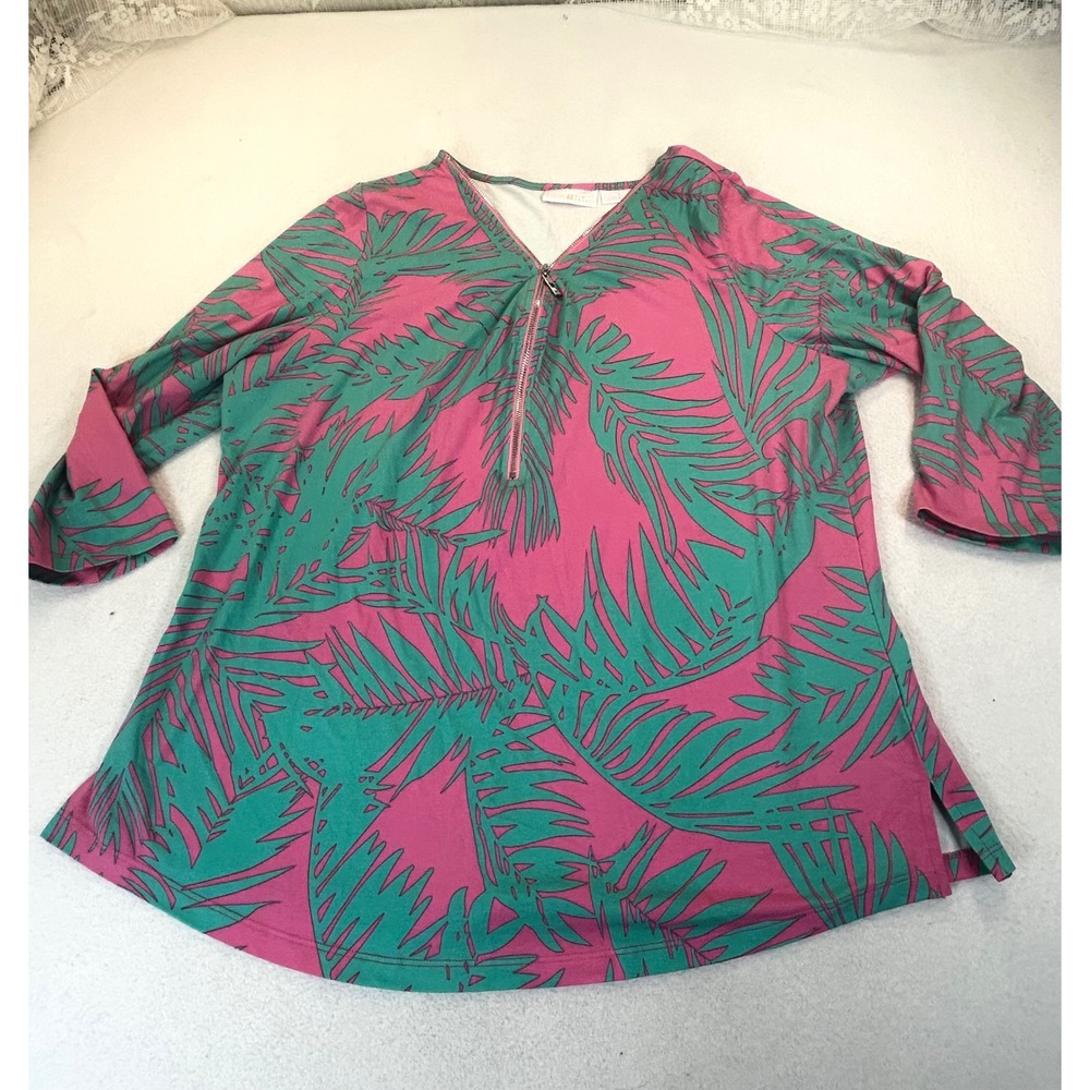 Belle Kim Gravel Blouse Women Large Pink Tropical Palm Print Stretch V-Neck 3/4